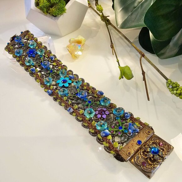 Vintage Michal Negrin Swarovski Turquoise Floral Bracelet - Picture 1 of 8
